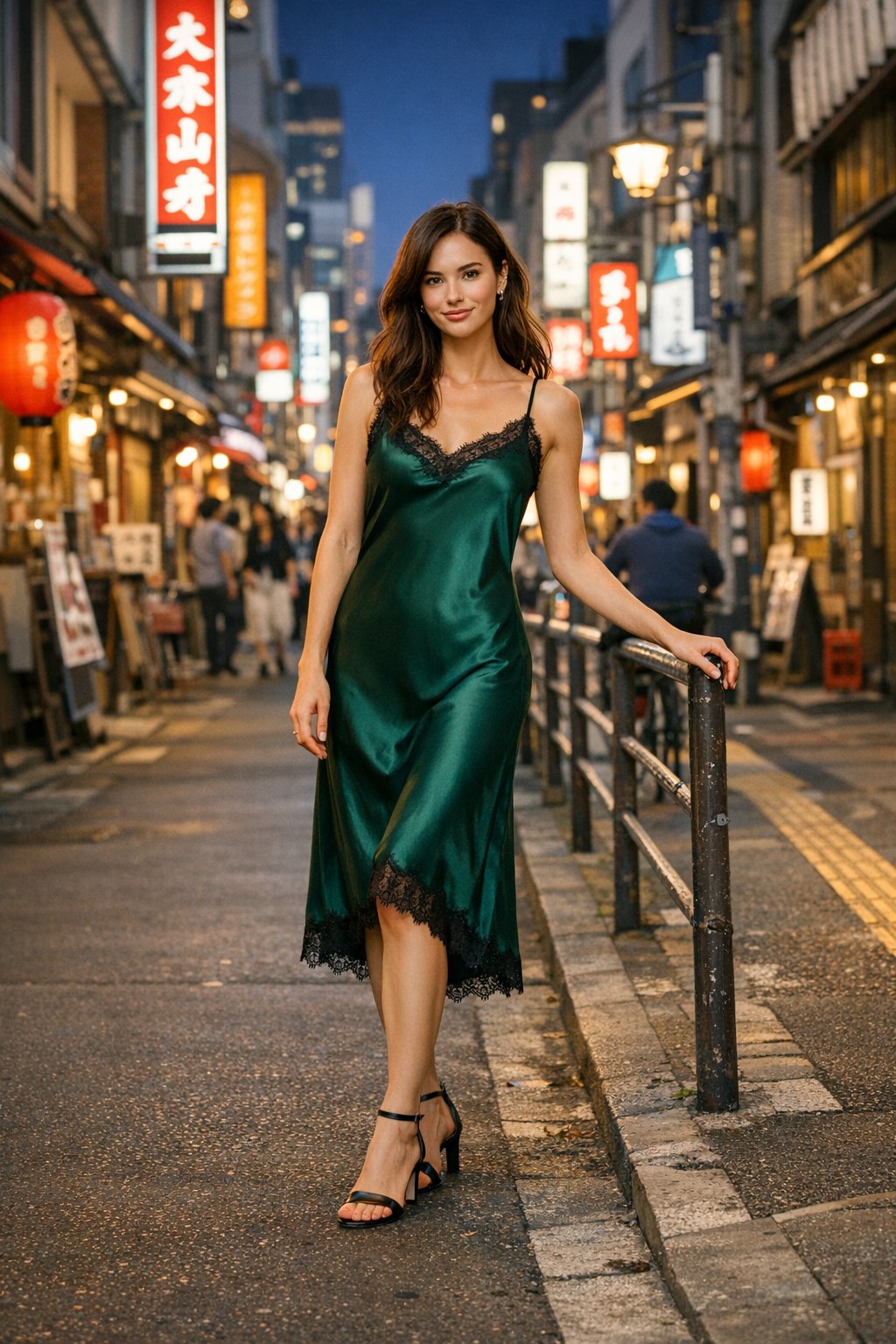 Emerald silk slip dress with lace trim styled for chic tokyo outfits street look