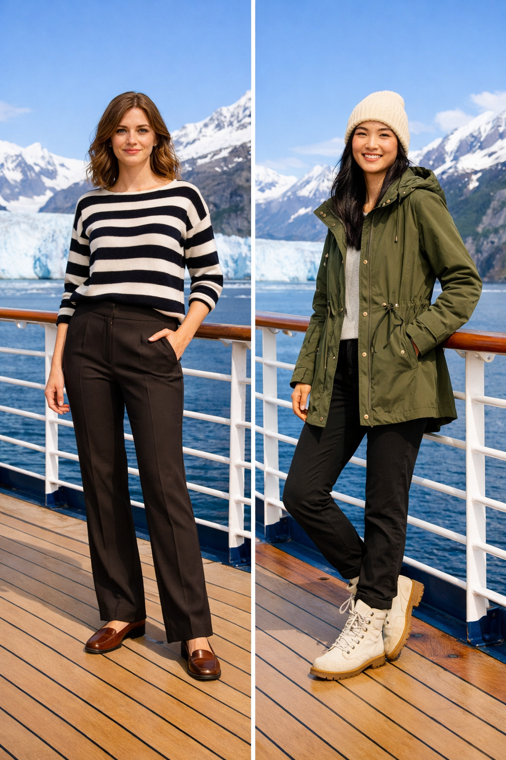 Espresso ponte tailored trousers with striped knit—easy alaska cruise outfits for your cruise in Alaska