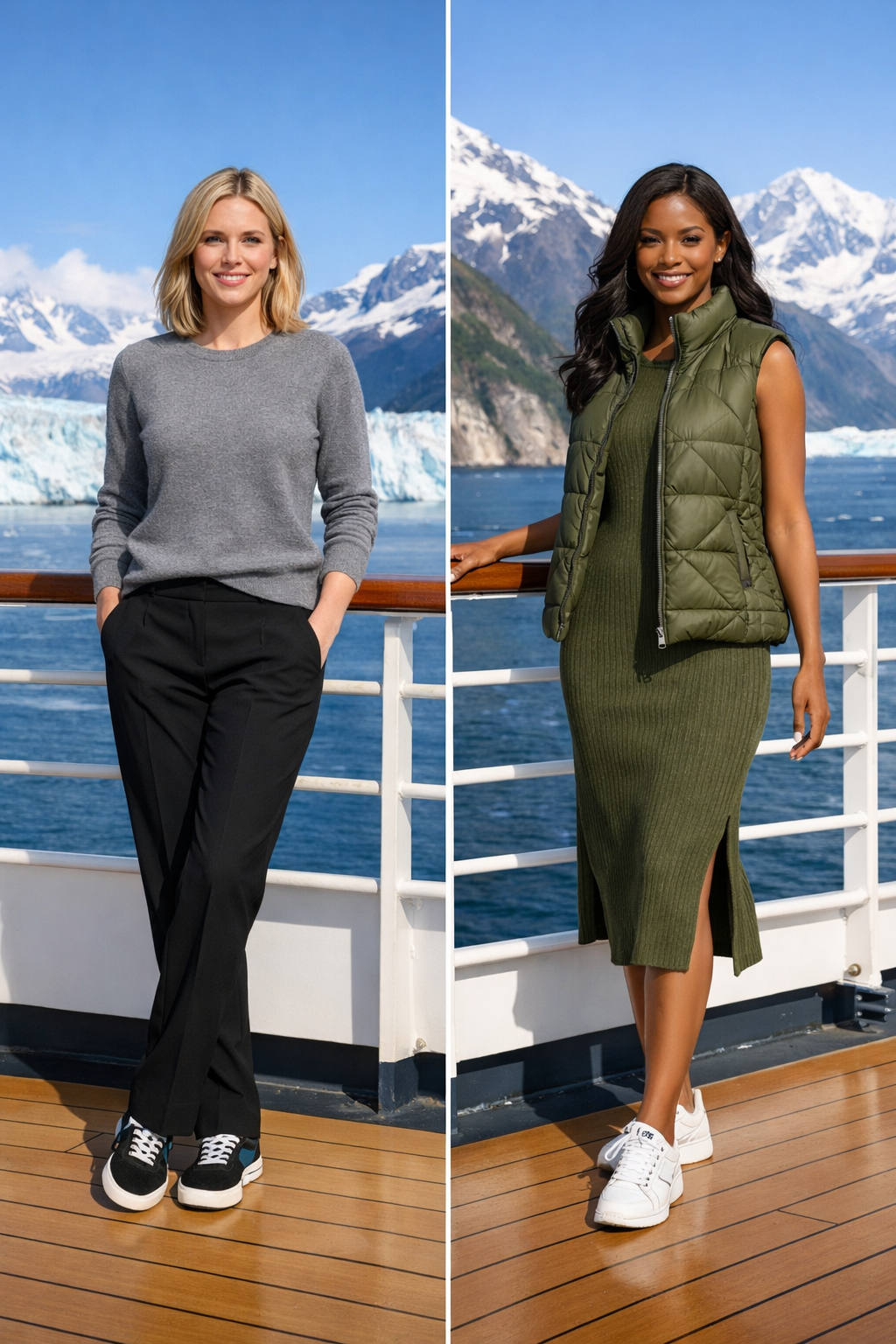 Heather gray cashmere sweater and black tailored trousers—Alaska cruise outfits for crisp days in Alaska cruise outfits