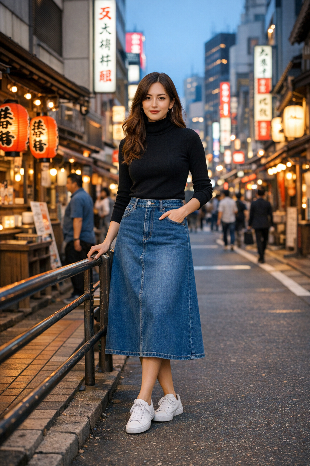 High-waisted A-line denim skirt paired with fitted turtleneck for chic tokyo outfits street style