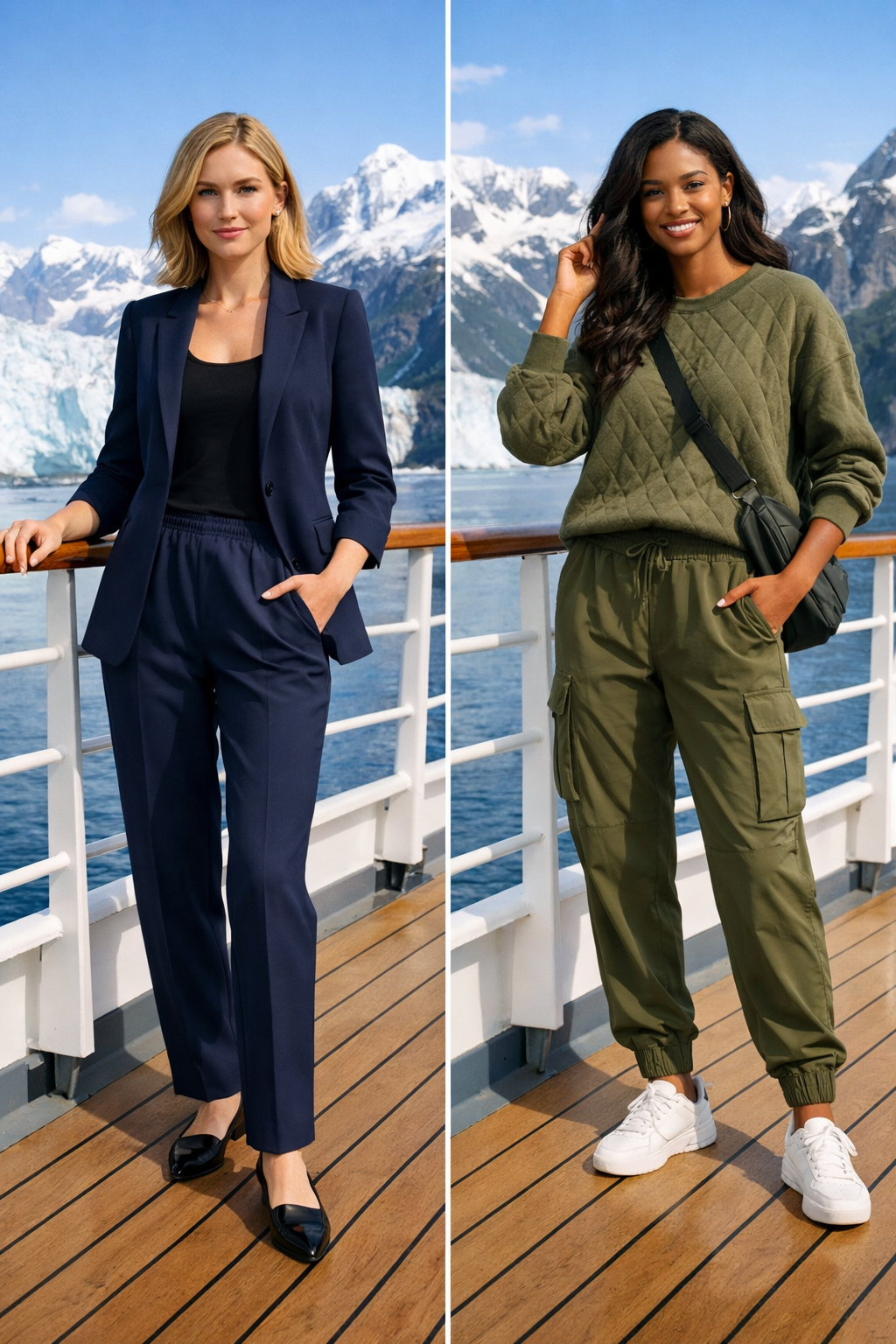 Ink scuba-knit blazer with elastic-waist trousers—alaska cruise outfits for your destination styling