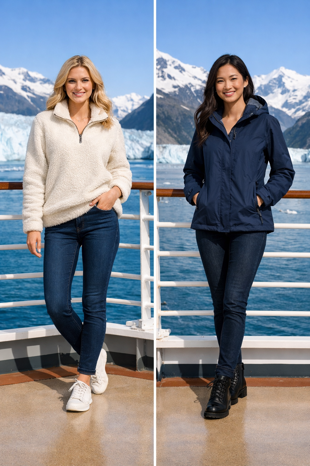 Ivory sherpa fleece pullover with dark wash denim for alaska cruise outfits in Alaska destination