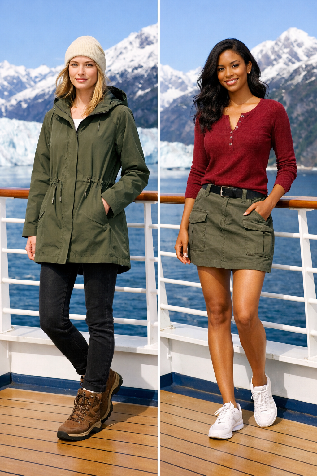 Moss hooded rain parka and cream beanie for alaska cruise outfits in Alaska—stylish, weather-ready look