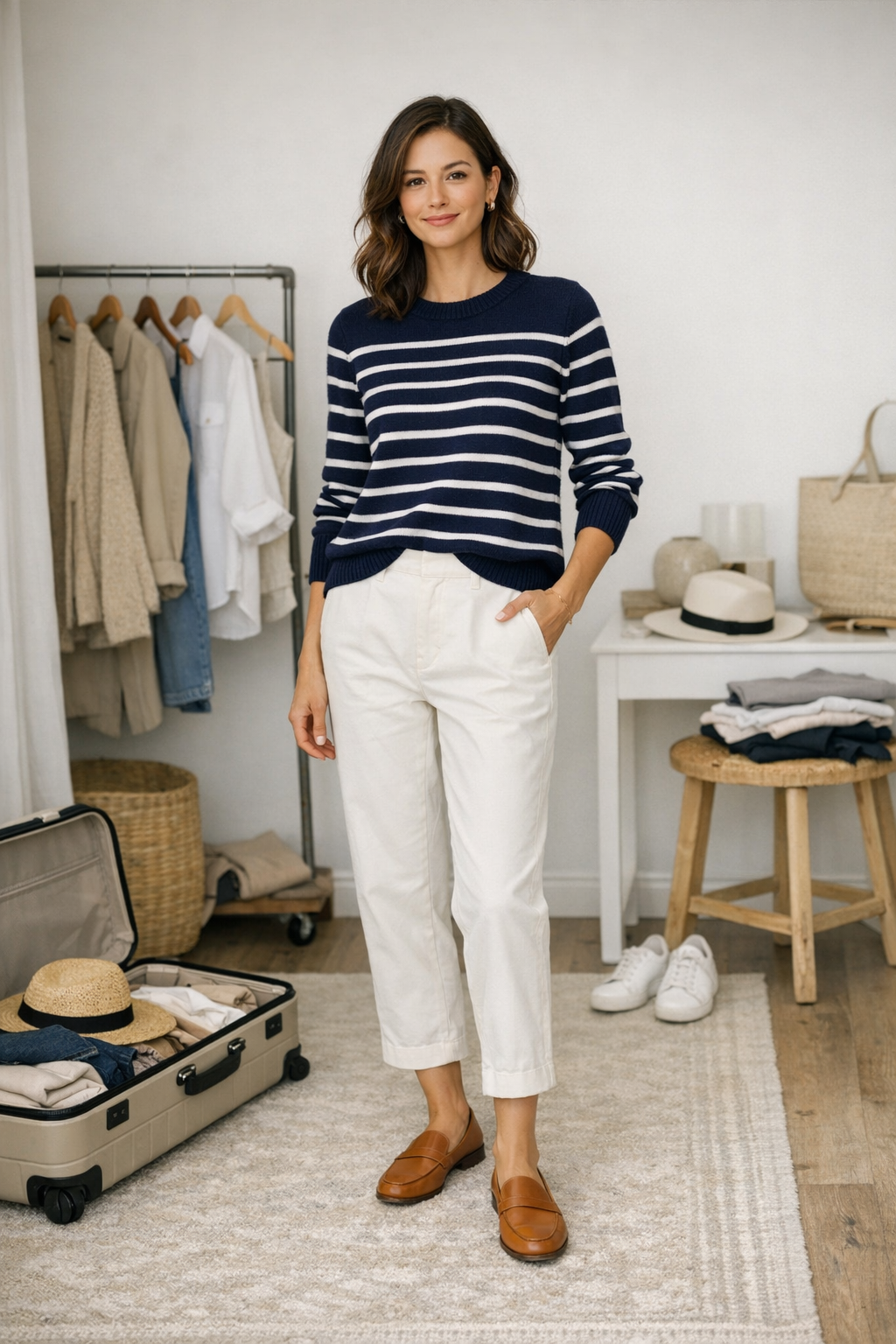 Navy striped cotton-cashmere sweater with ribbed cuffs—travel capsule wardrobe for trips to the destination