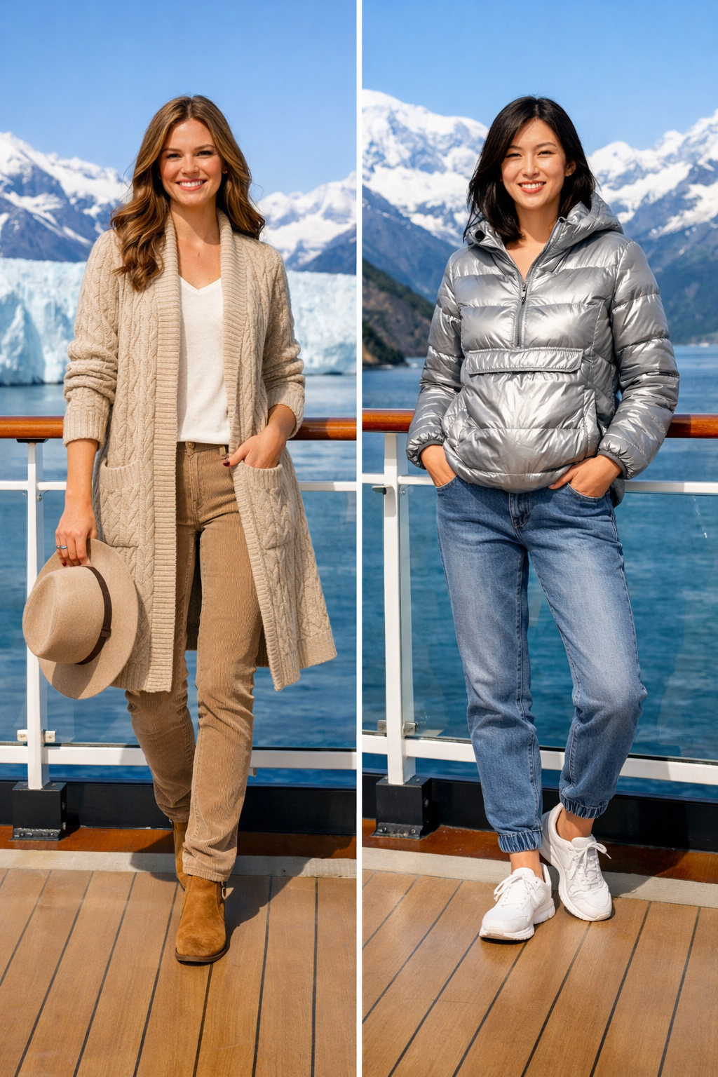 Oatmeal cable-knit long cardigan with slim cords—ideal for alaska cruise outfits in your destination