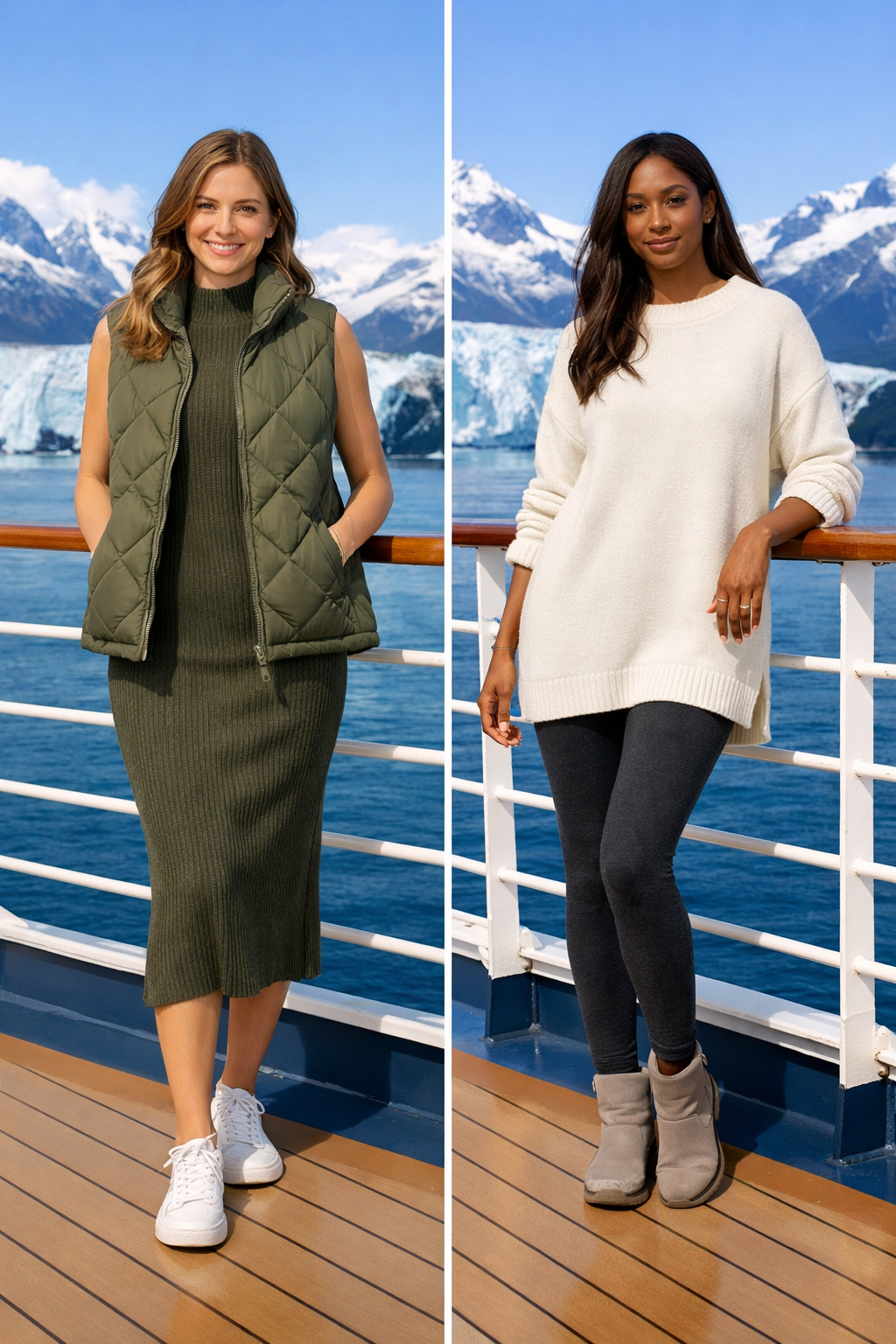 Olive quilted puffer vest over ribbed knit midi dress for alaska cruise outfits in Alaska destination