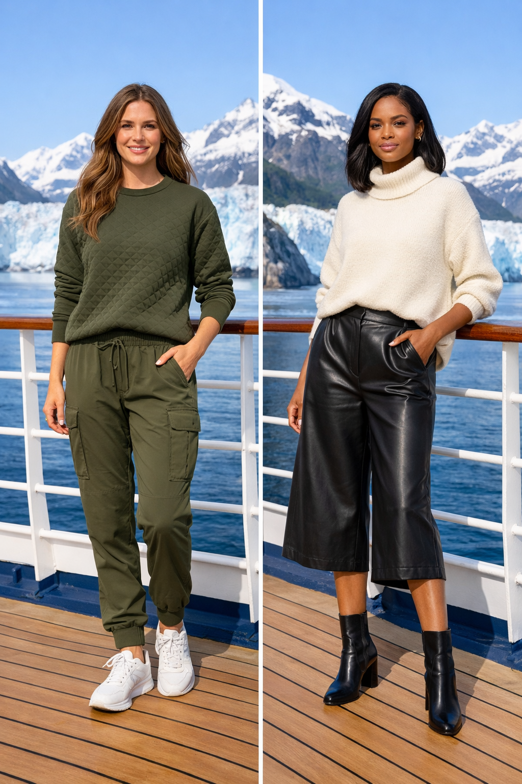 Olive tech cargo joggers and quilted sweatshirt—perfect for alaska cruise outfits in destination style