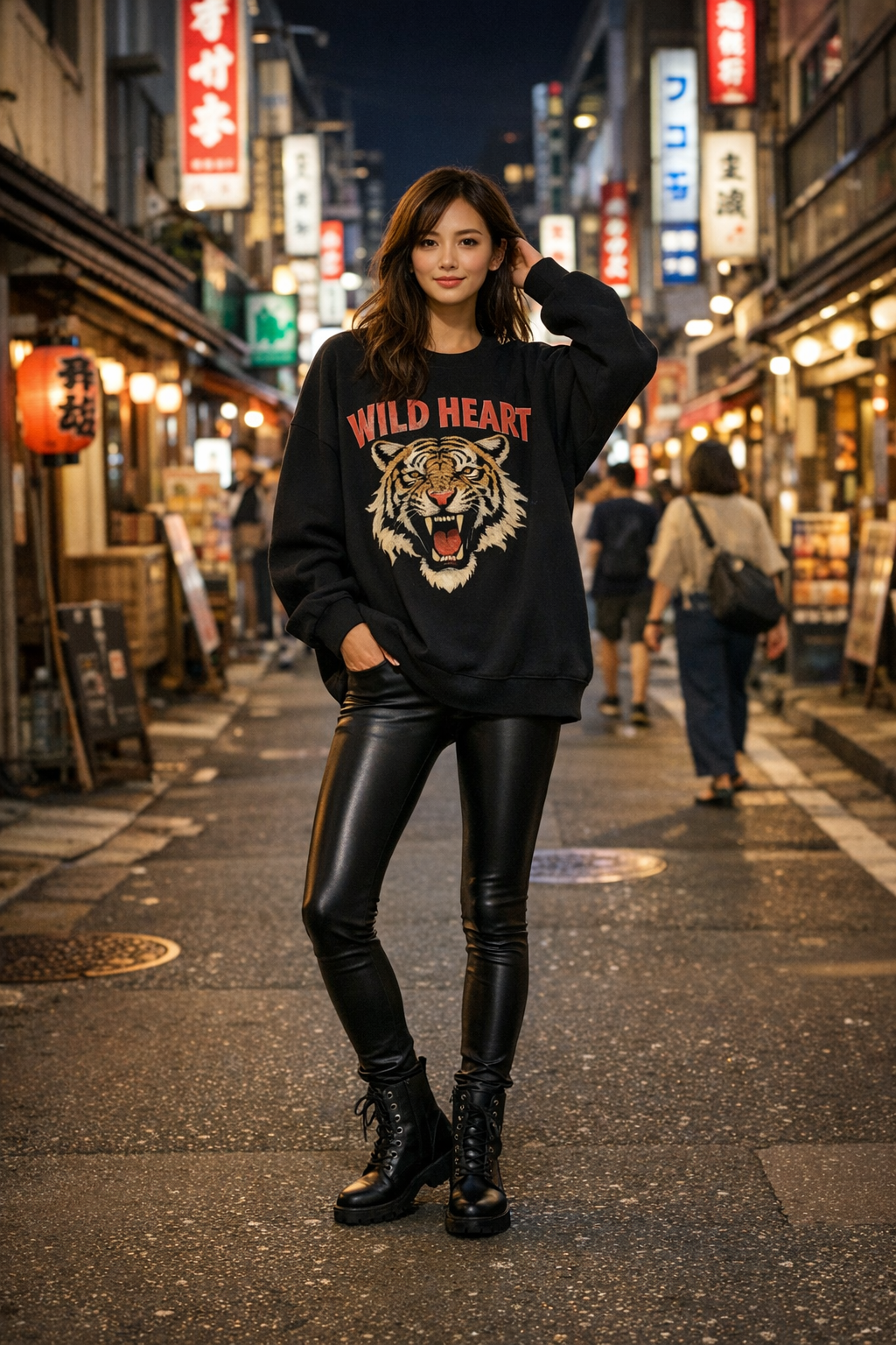 Oversized graphic sweatshirt with faux leather leggings styled for edgy tokyo outfits streetwear look