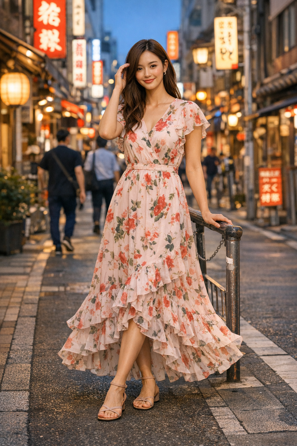 Romantic floral chiffon maxi dress with ruffle hem styled for tokyo outfits inspiration