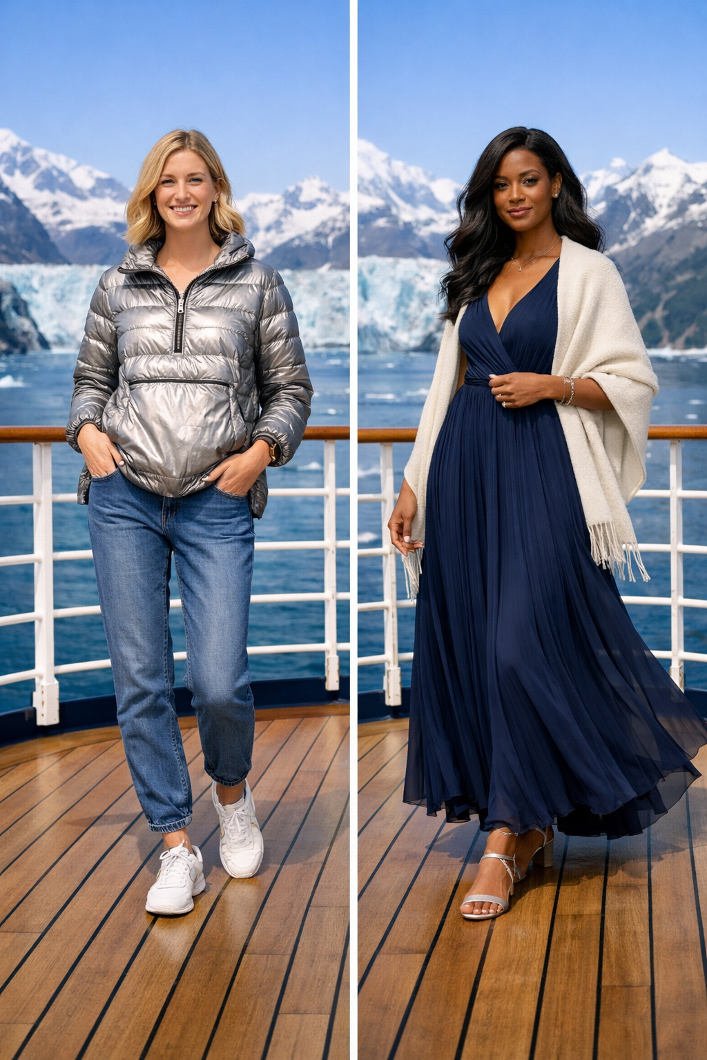 Silver packable down anorak with jogger jeans—alaska cruise outfits for the Alaskan coast