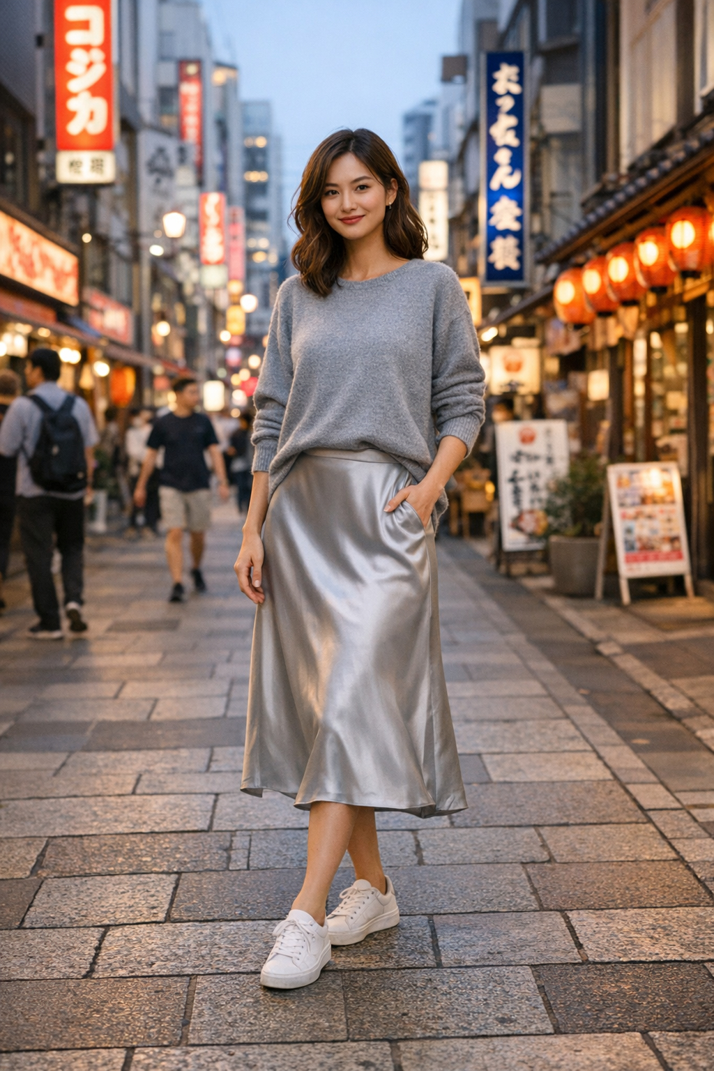 Soft gray cashmere sweater paired with satin midi skirt styled for chic tokyo outfits