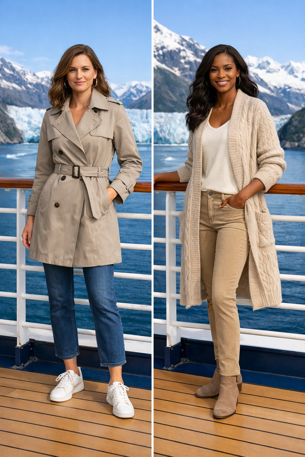 Stone belted waterproof trench with cropped denim for alaska cruise outfits in Alaska