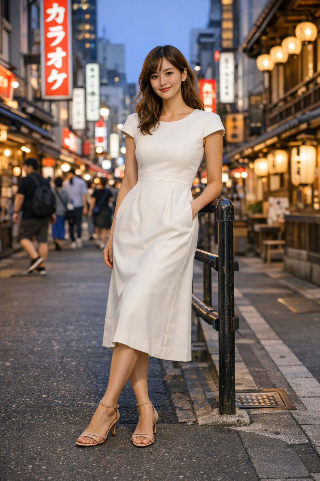Structured ivory midi dress with cap sleeves styled for chic tokyo outfits inspiration