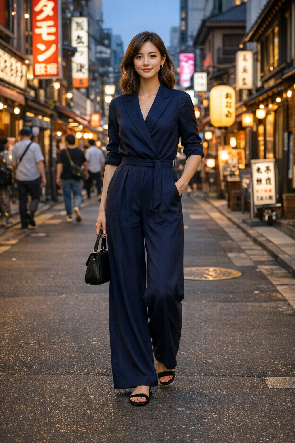 Tailored navy jumpsuit with wide-leg silhouette styled for chic tokyo outfits street look