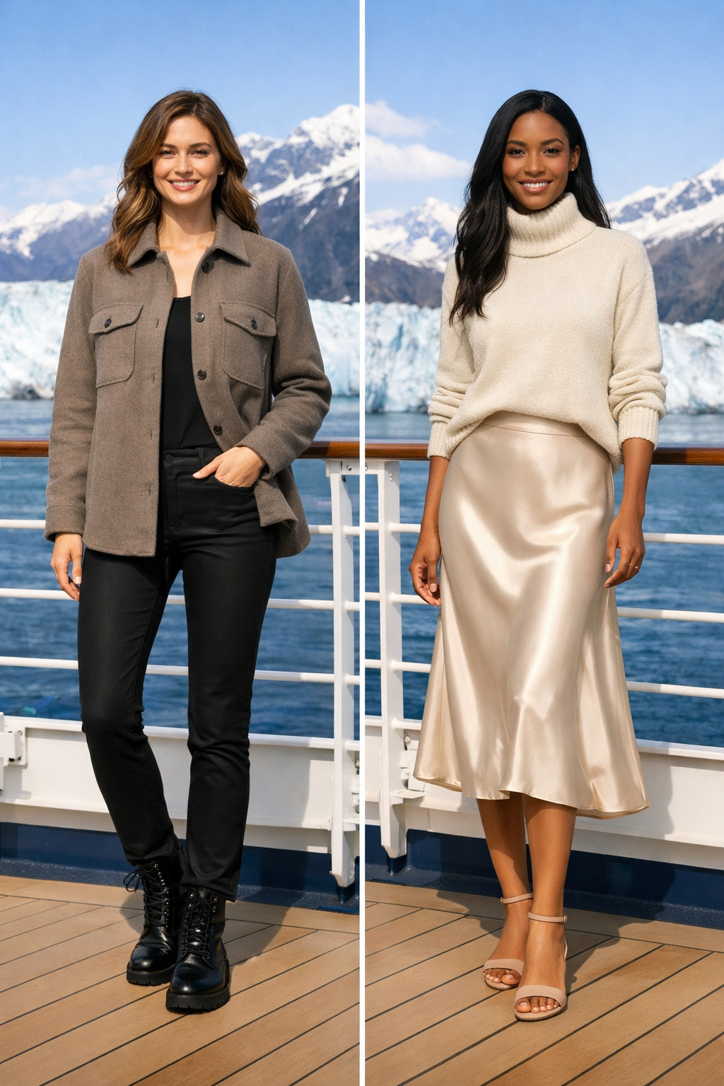 Taupe brushed flannel shacket with black ponte pants for alaska cruise outfits—ideal for cruising in Anchorage