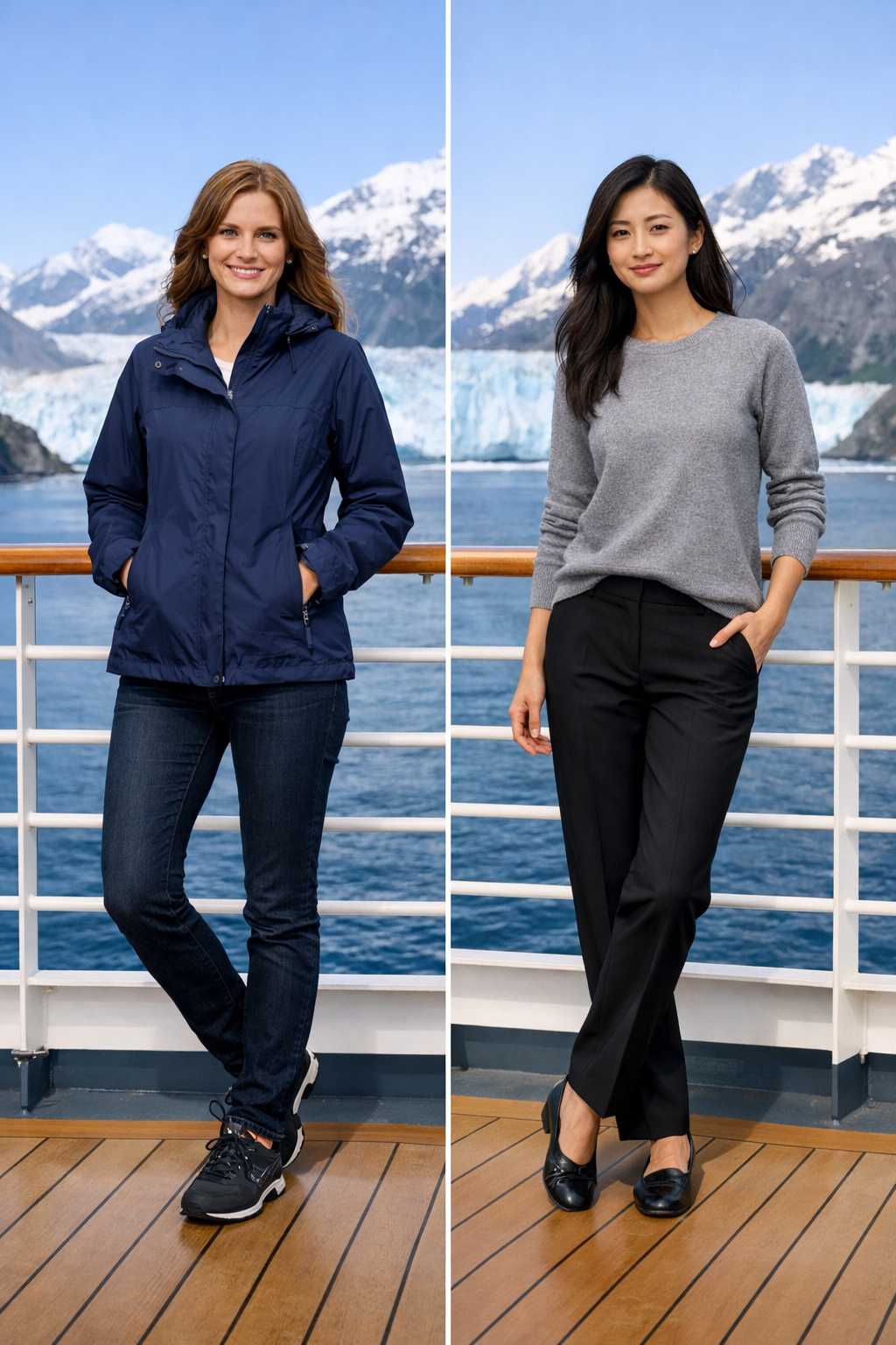 Navy waterproof shell jacket and slim dark jeans—alaska cruise outfits for Alaska cruise weather