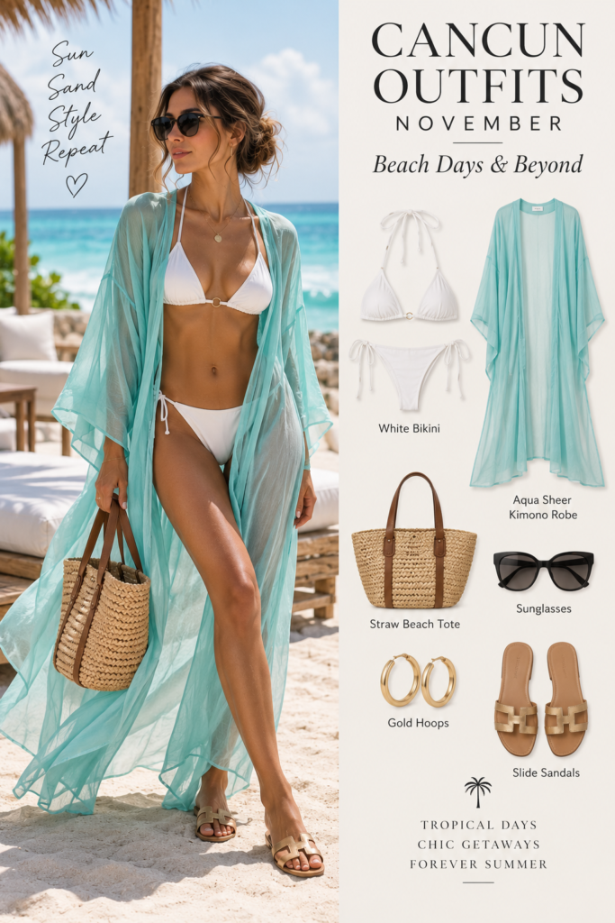 Aqua sheer kimono robe styled for cancun outfits november beach days
