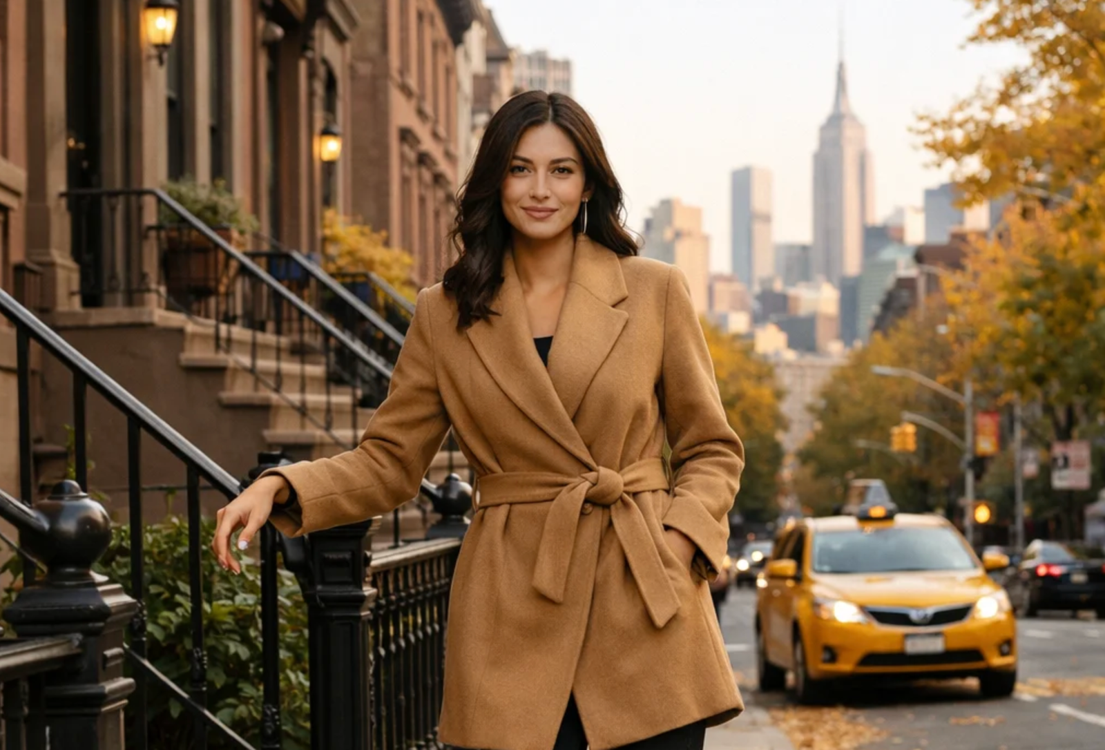 Camel wool wrap coat and black straight jeans—new york outfits for chic downtown style, destination: New York