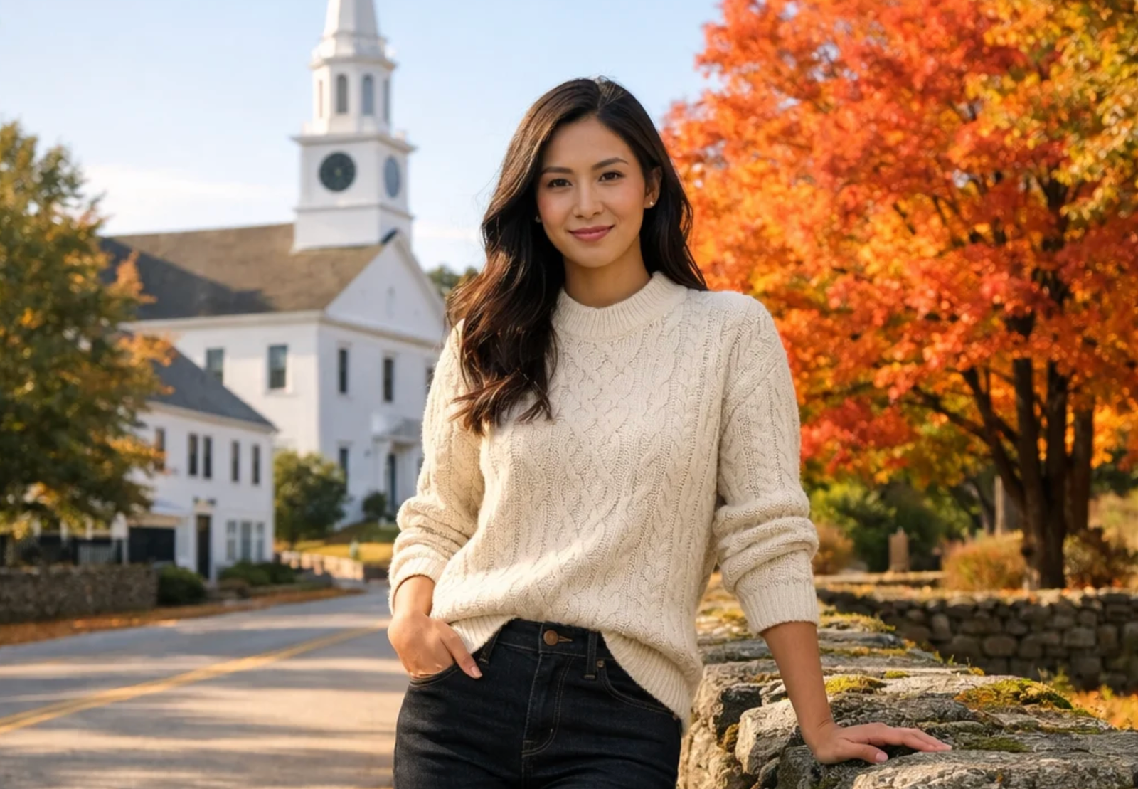 Cream cable-knit sweater and dark straight-leg jeans with brown tall boots—new england fall outfits in Destination