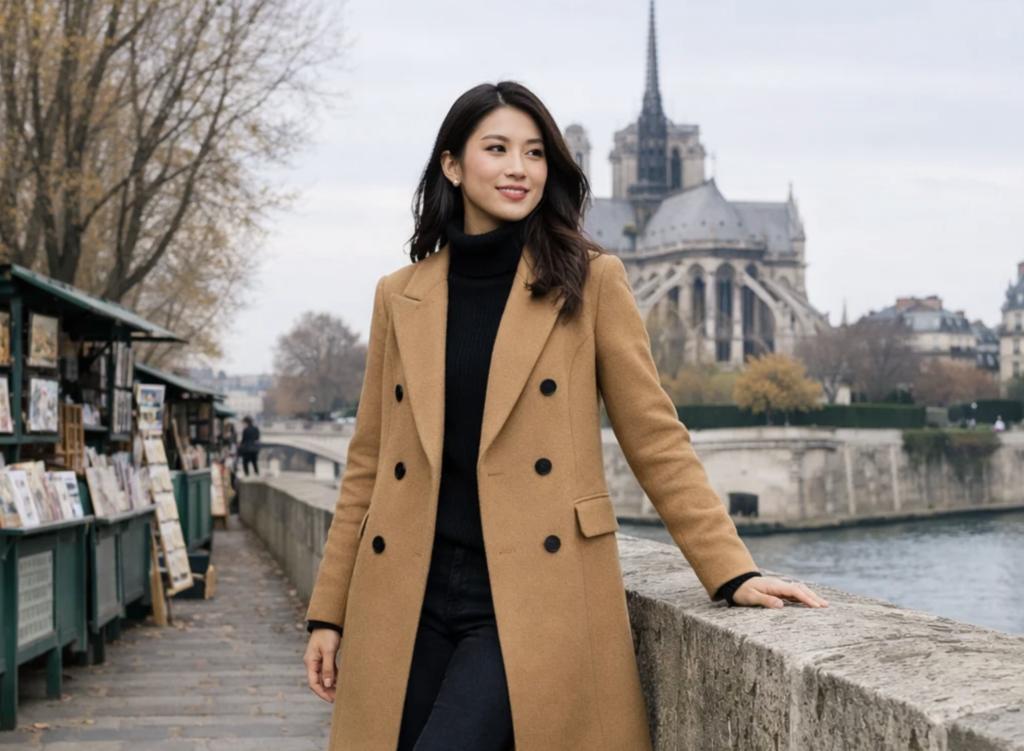 Camel double-breasted wool coat over black turtleneck—paris winter outfits in Destination.