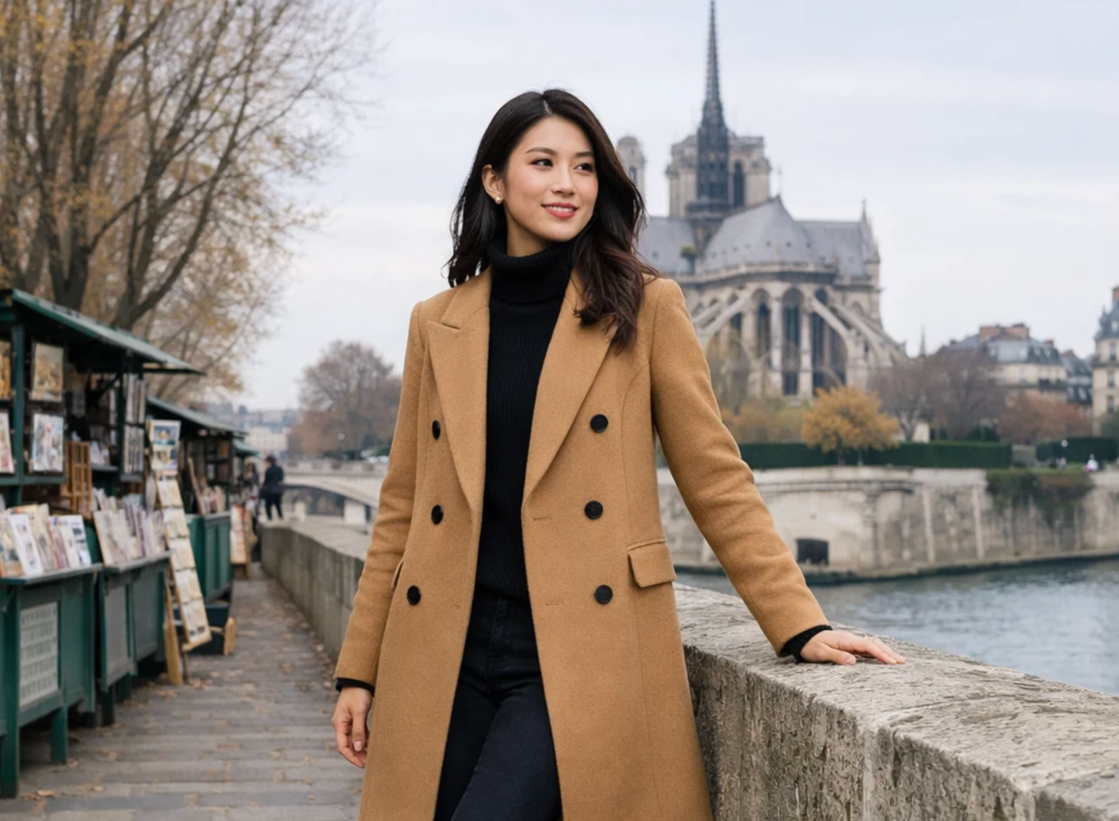 Camel double-breasted wool coat over black turtleneck—paris winter outfits in Destination.