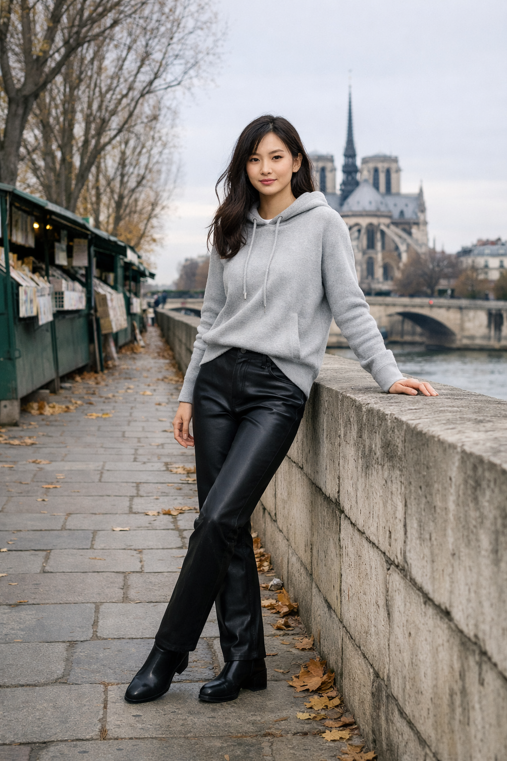 Paris winter outfits: black leather straight pants with a cashmere hoodie for chic Parisian cold days