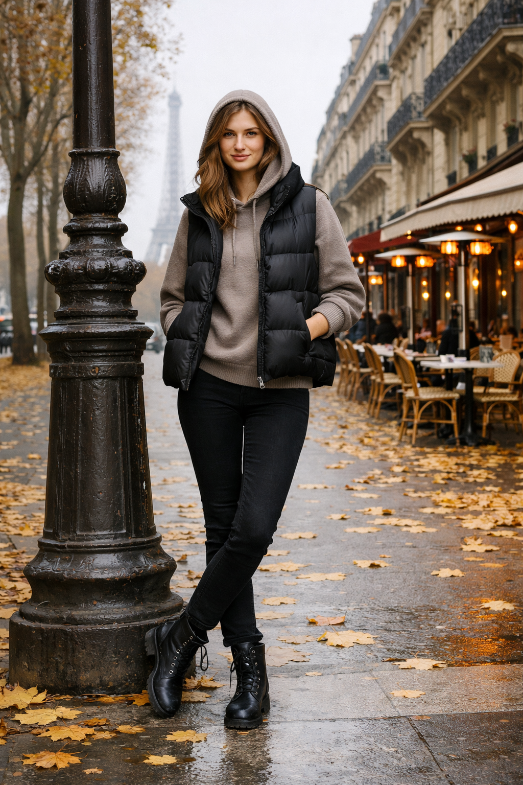 Black puffer vest and taupe cashmere hoodie for paris outfits november in Paris Black puffer vest and taupe cashmere hoodie for paris outfits november in Paris