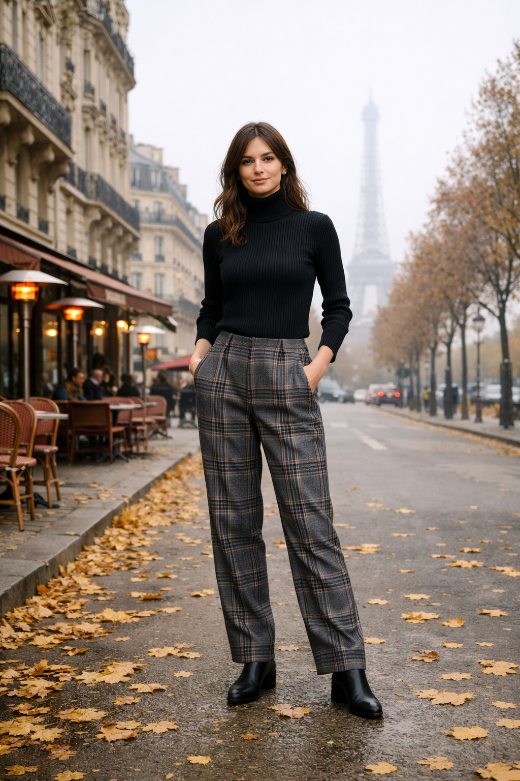 Paris outfits november: black ribbed turtleneck with plaid wool trousers in Paris Paris outfits november: black ribbed turtleneck with plaid wool trousers in Paris
