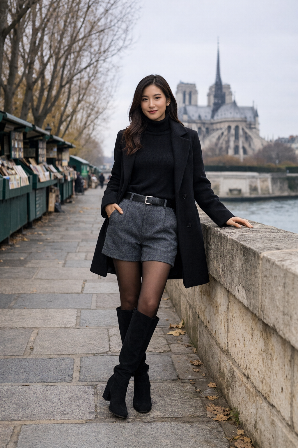 Black suede knee boots with wool shorts for paris winter outfits in Paris