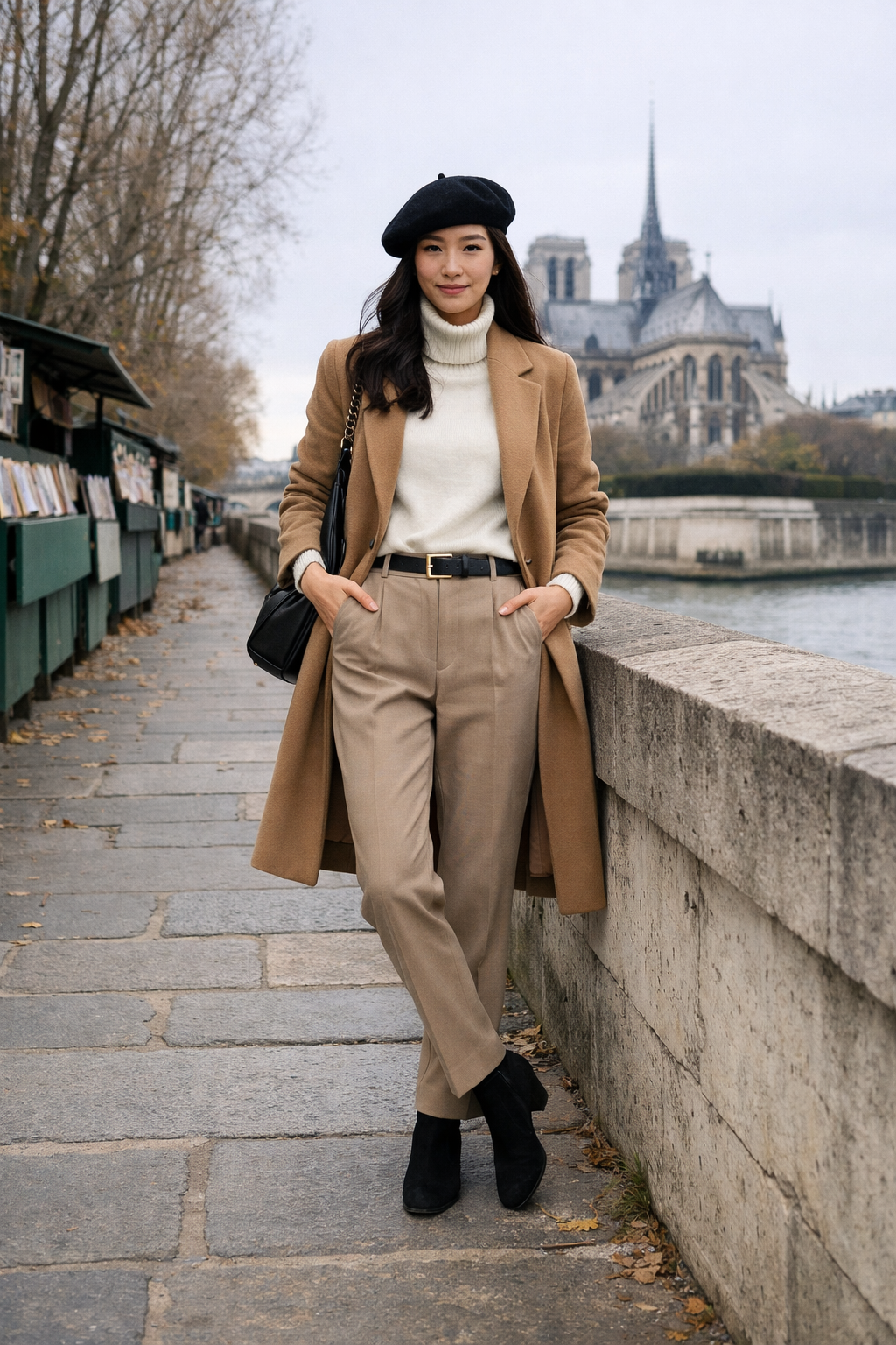 Paris winter outfits: black wool beret with tailored neutral layers for chic winter Paris style