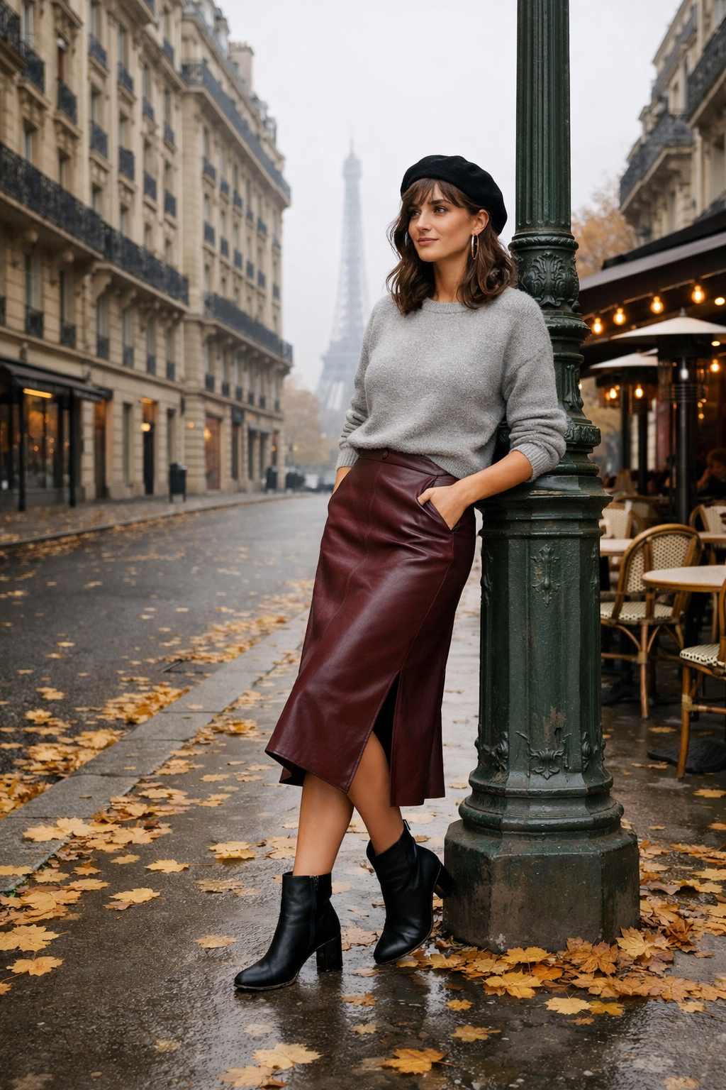 Burgundy leather midi skirt and soft gray sweater for paris outfits november in Paris Burgundy leather midi skirt and soft gray sweater for paris outfits november in Paris