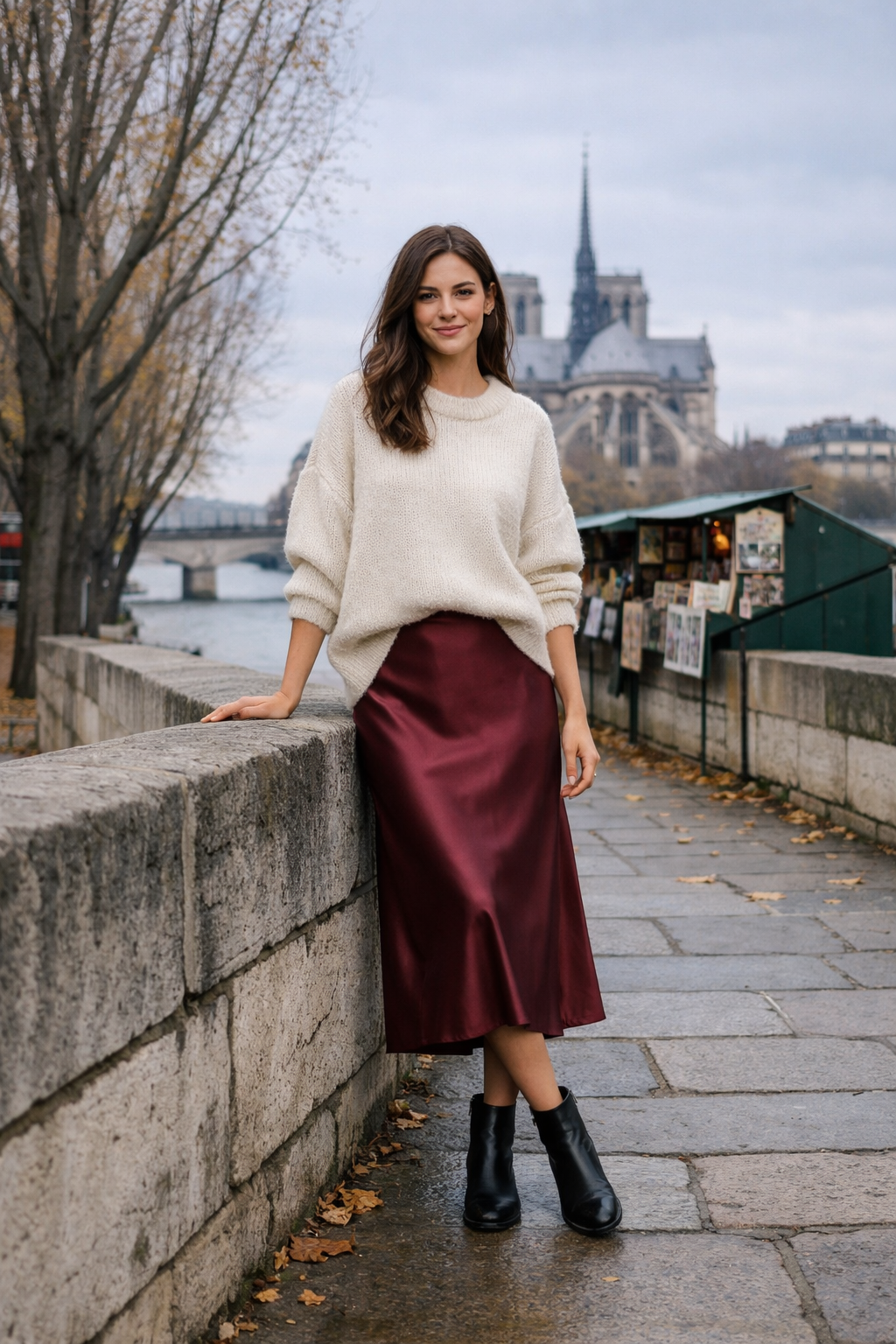 Burgundy satin midi skirt with oversized knit, chic paris winter outfits for your trip in Paris destination