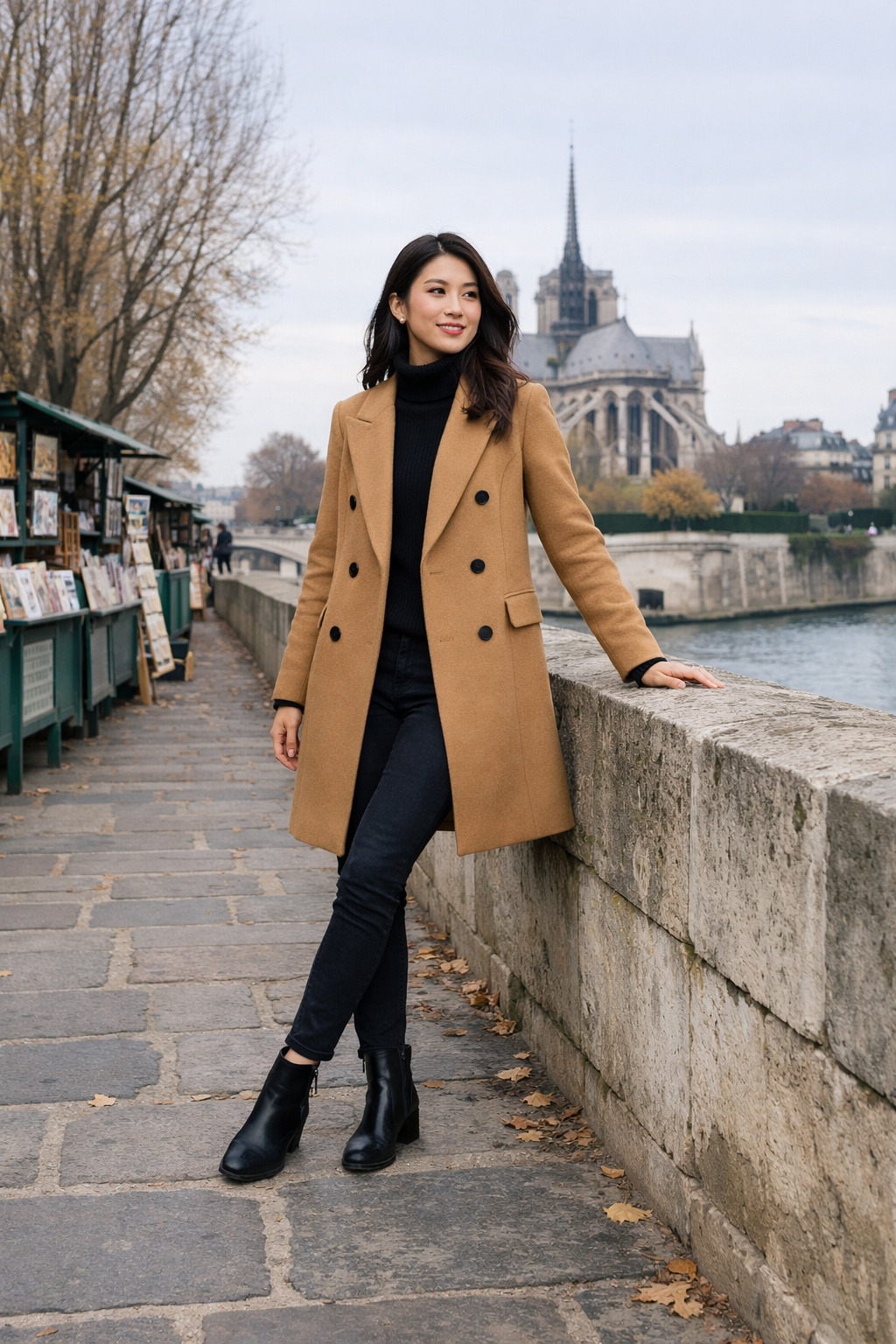 Camel double-breasted wool coat over black turtleneck—paris winter outfits in Destination.