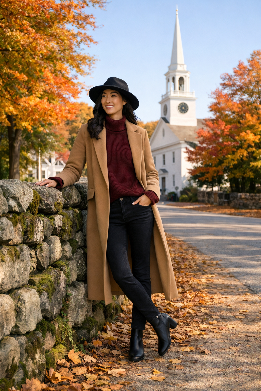 Camel double-face wool coat and burgundy ribbed knit for new england fall outfits—perfect for your destination Camel double-face wool coat and burgundy ribbed knit for new england fall outfits—perfect for your destination