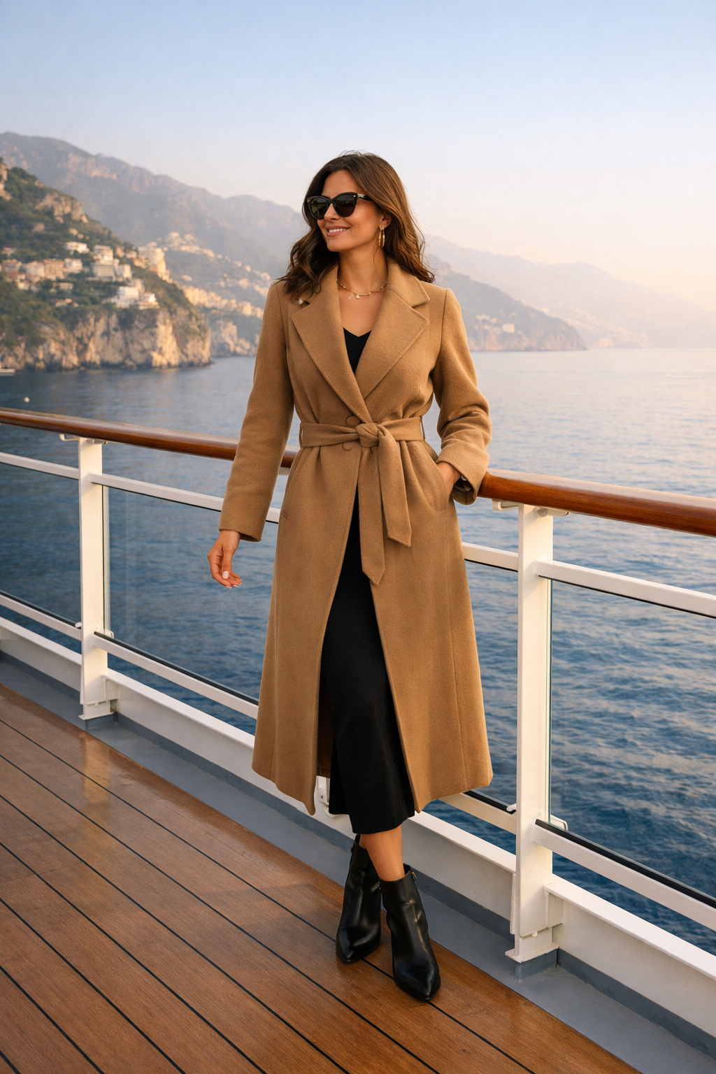 Camel wool-blend wrap coat on black column base—fall mediterranean cruise outfits for Santorini mornings