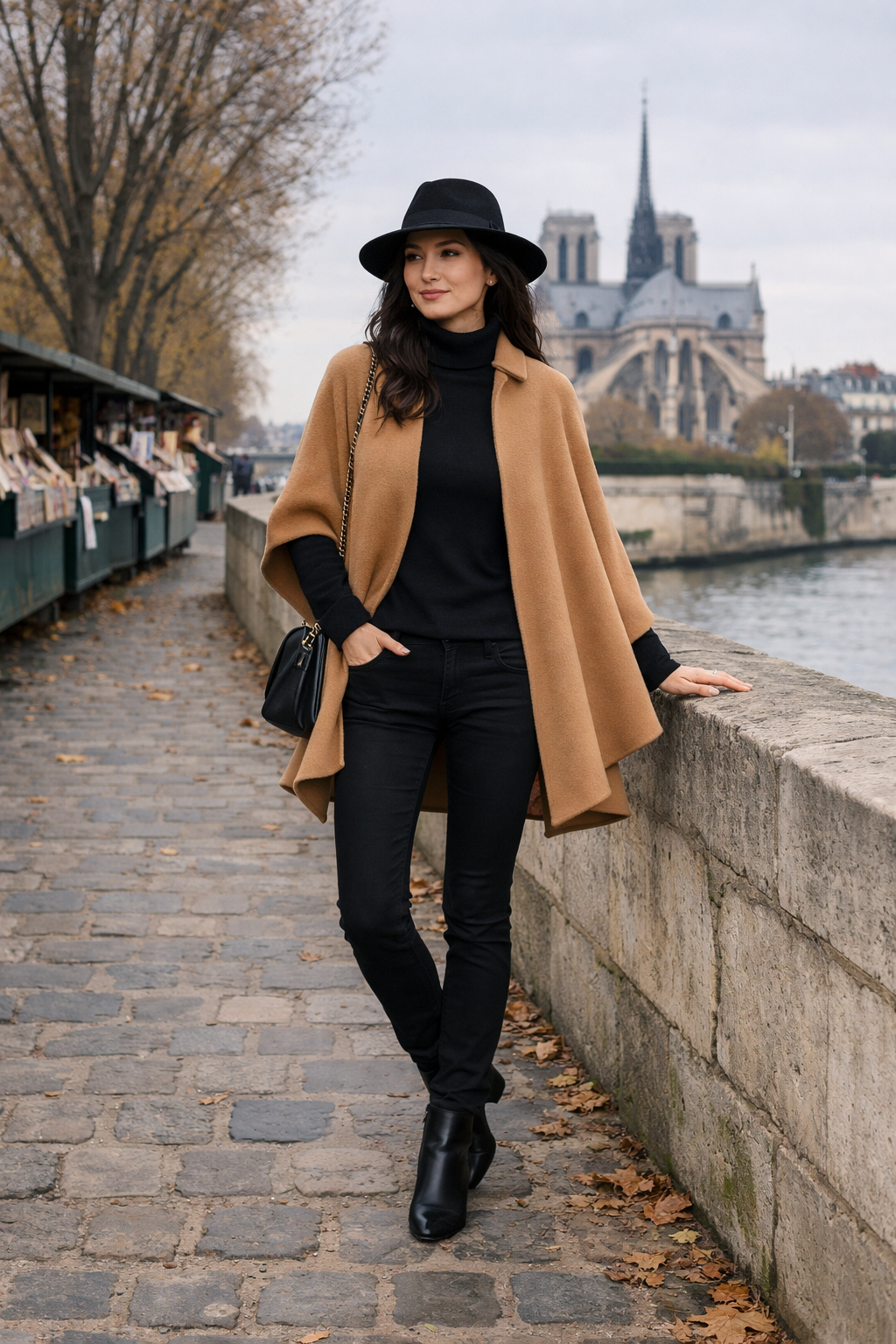 Camel wool cape over slim black layers—paris winter outfits in Paris winter style
