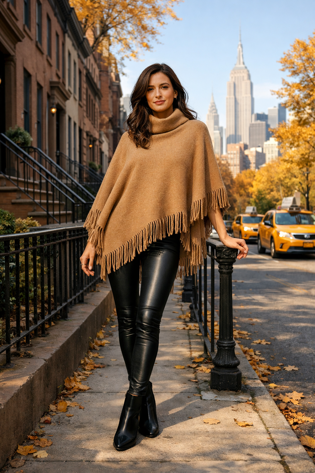 Camel wool fringe poncho and black leather leggings—new york outfits style from Destination Camel wool fringe poncho and black leather leggings—new york outfits style from Destination