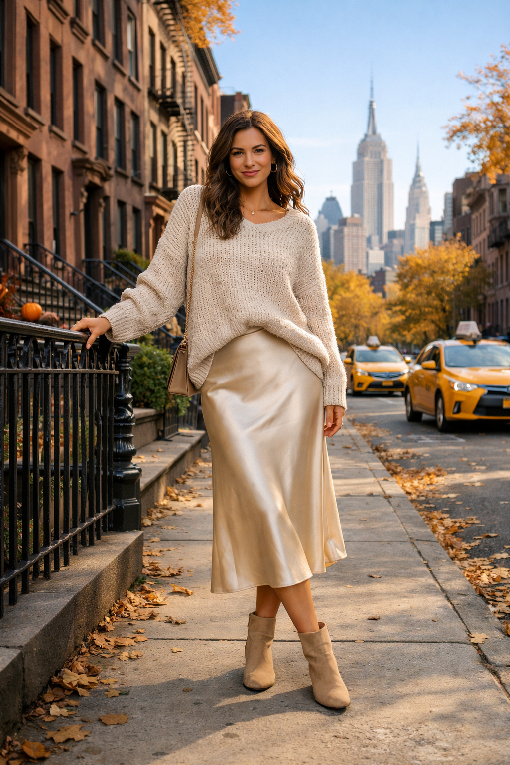 Champagne satin bias slip skirt with oatmeal chunky knit—new york outfits for your destination Champagne satin bias slip skirt with oatmeal chunky knit—new york outfits for your destination