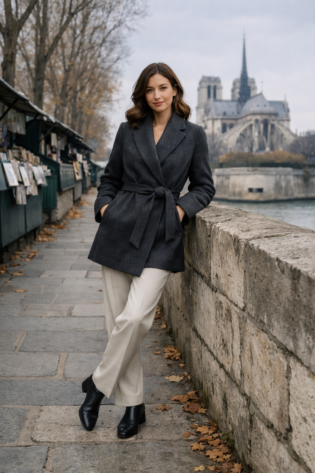 Charcoal wool wrap coat with cream trousers for paris winter outfits in destination