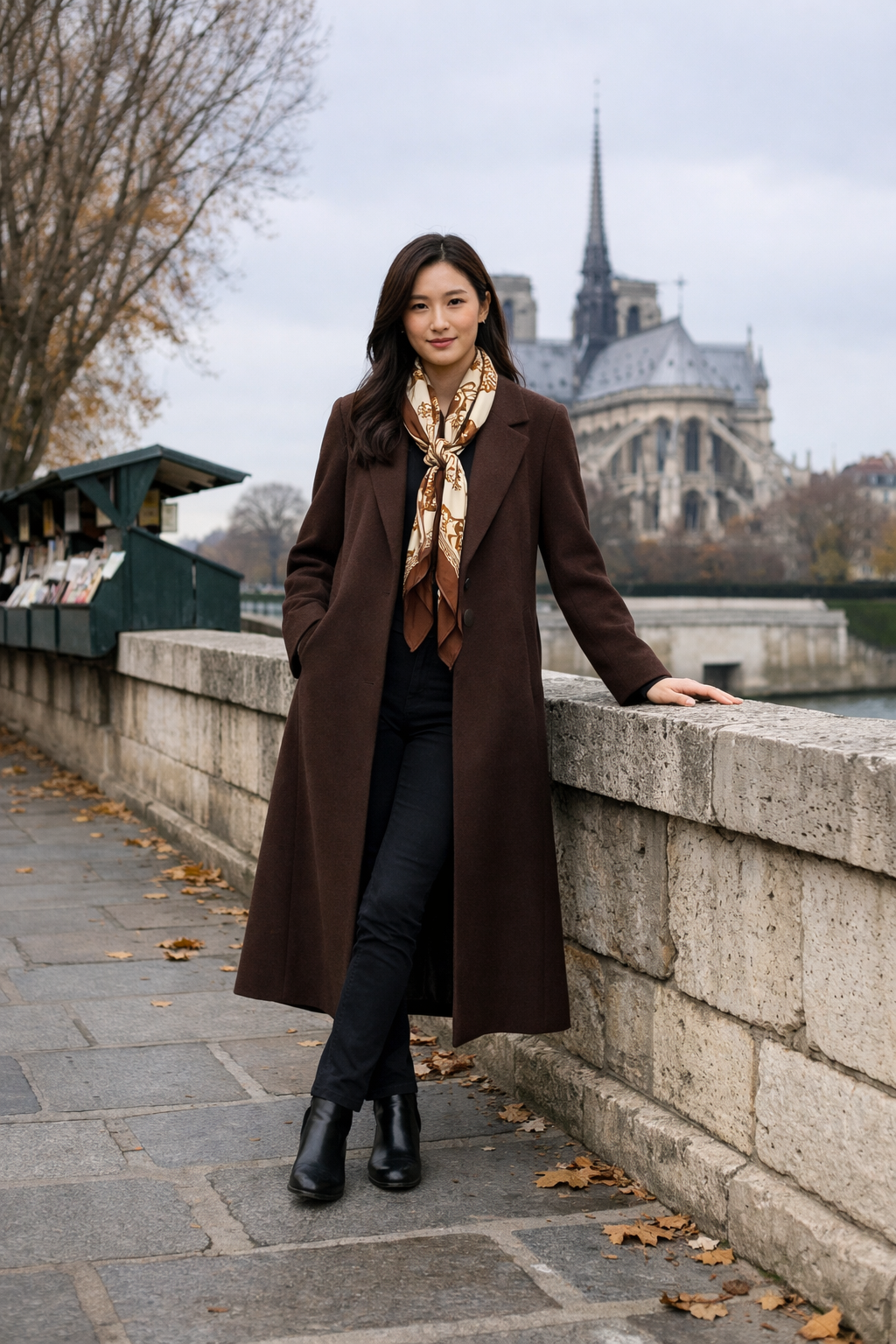 Chocolate brown long coat with silk scarf for paris winter outfits, Paris winter styling