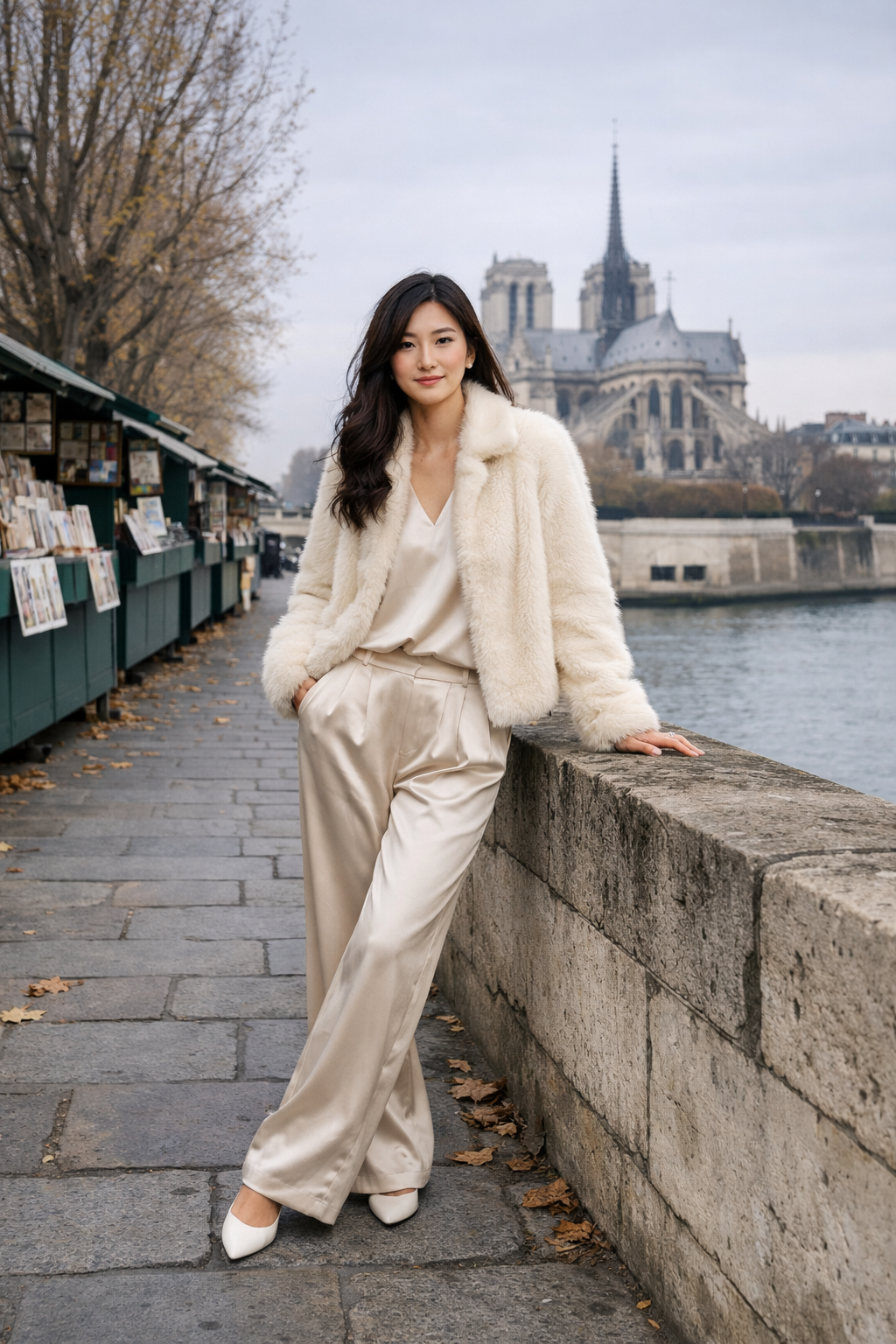 Cream faux-fur jacket with satin trousers for paris winter outfits in Destination