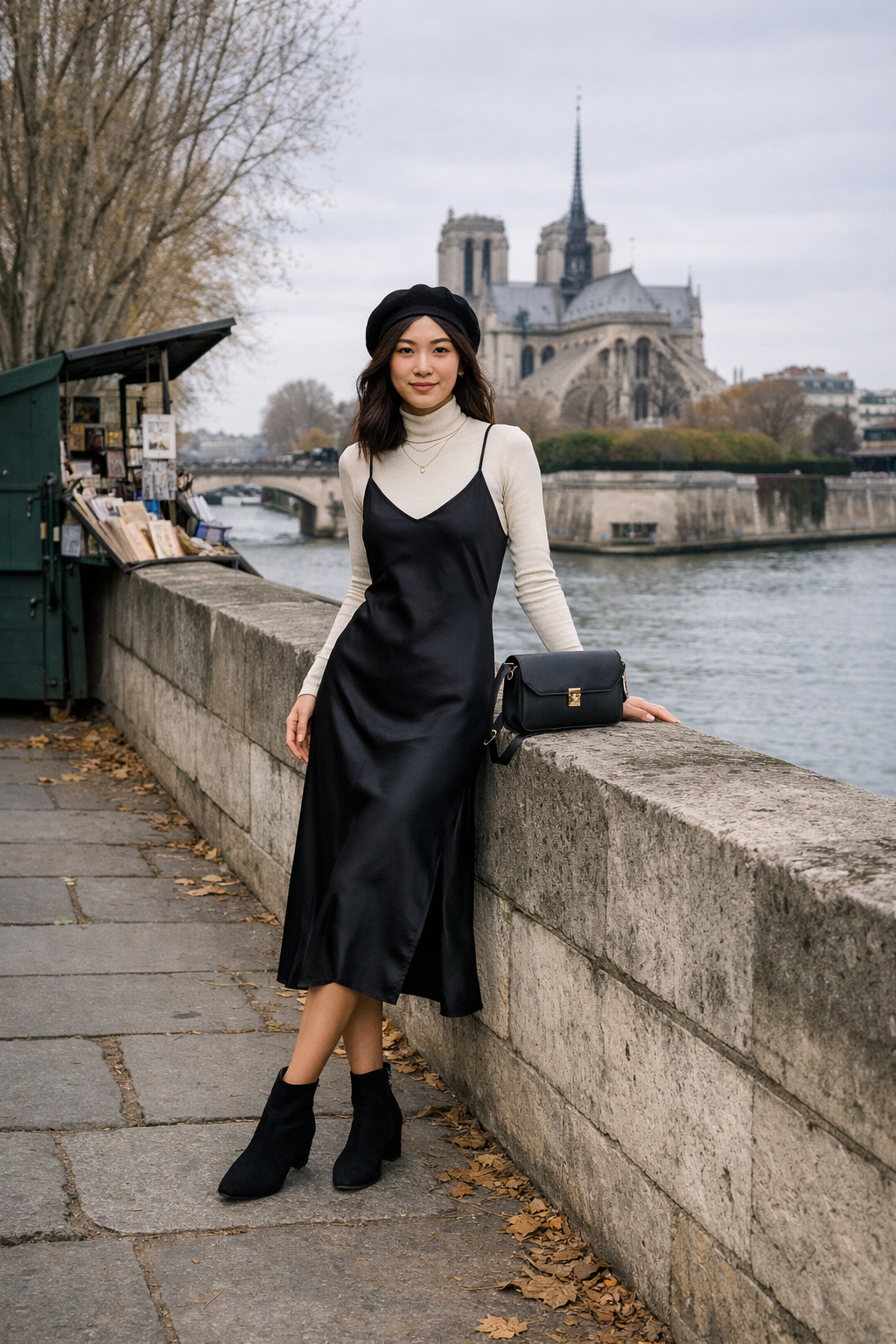 Cream merino base-layer top with slip dress for paris winter outfits in Paris, winter layering style