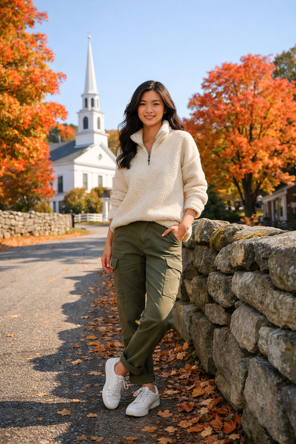 Cream sherpa fleece pullover with olive cargo pants for new england fall outfits in New England Cream sherpa fleece pullover with olive cargo pants for new england fall outfits in New England