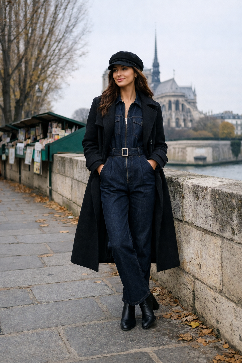 Paris winter outfits: dark denim jumpsuit with belted coat for chic winter street style in Paris