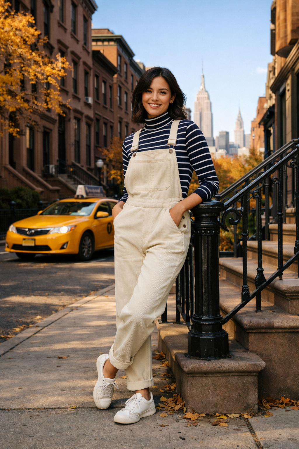 Ecru corduroy overalls with navy striped turtleneck—new york outfits in Destination Ecru corduroy overalls with navy striped turtleneck—new york outfits in Destination