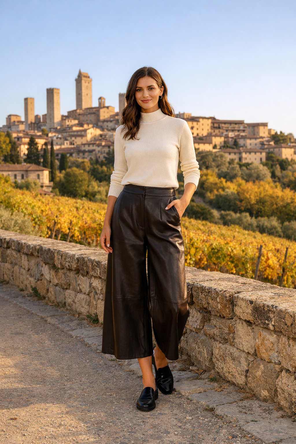 Italy fall outfits: espresso faux-leather wide-leg culottes with cream mock-neck top, Destination