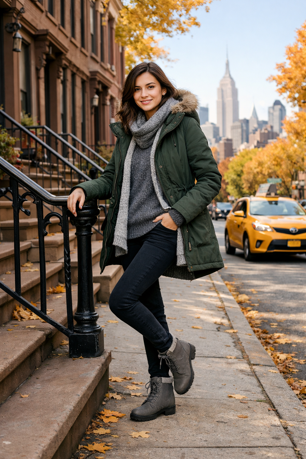 Forest green hooded parka with gray knit layers—new york outfits for a stylish destination look Forest green hooded parka with gray knit layers—new york outfits for a stylish destination look