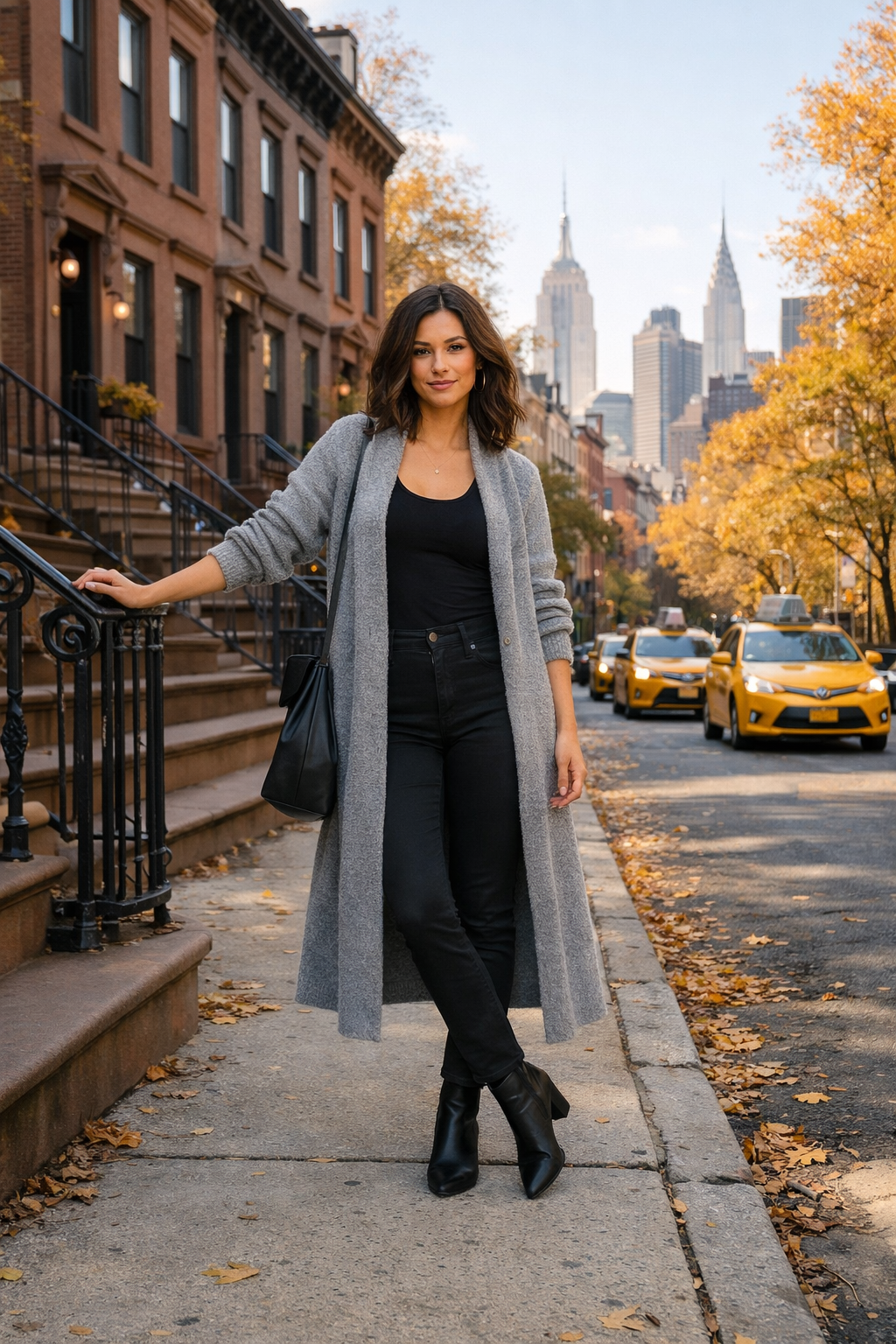 Gray alpaca long cardigan with black column basics for new york outfits, destination: New York City Gray alpaca long cardigan with black column basics for new york outfits, destination: New York City