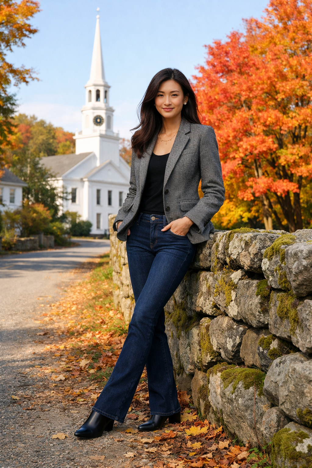 Gray herringbone tweed blazer and dark bootcut denim for new england fall outfits—Destination: Gray herringbone tweed blazer and dark bootcut denim for new england fall outfits—Destination: