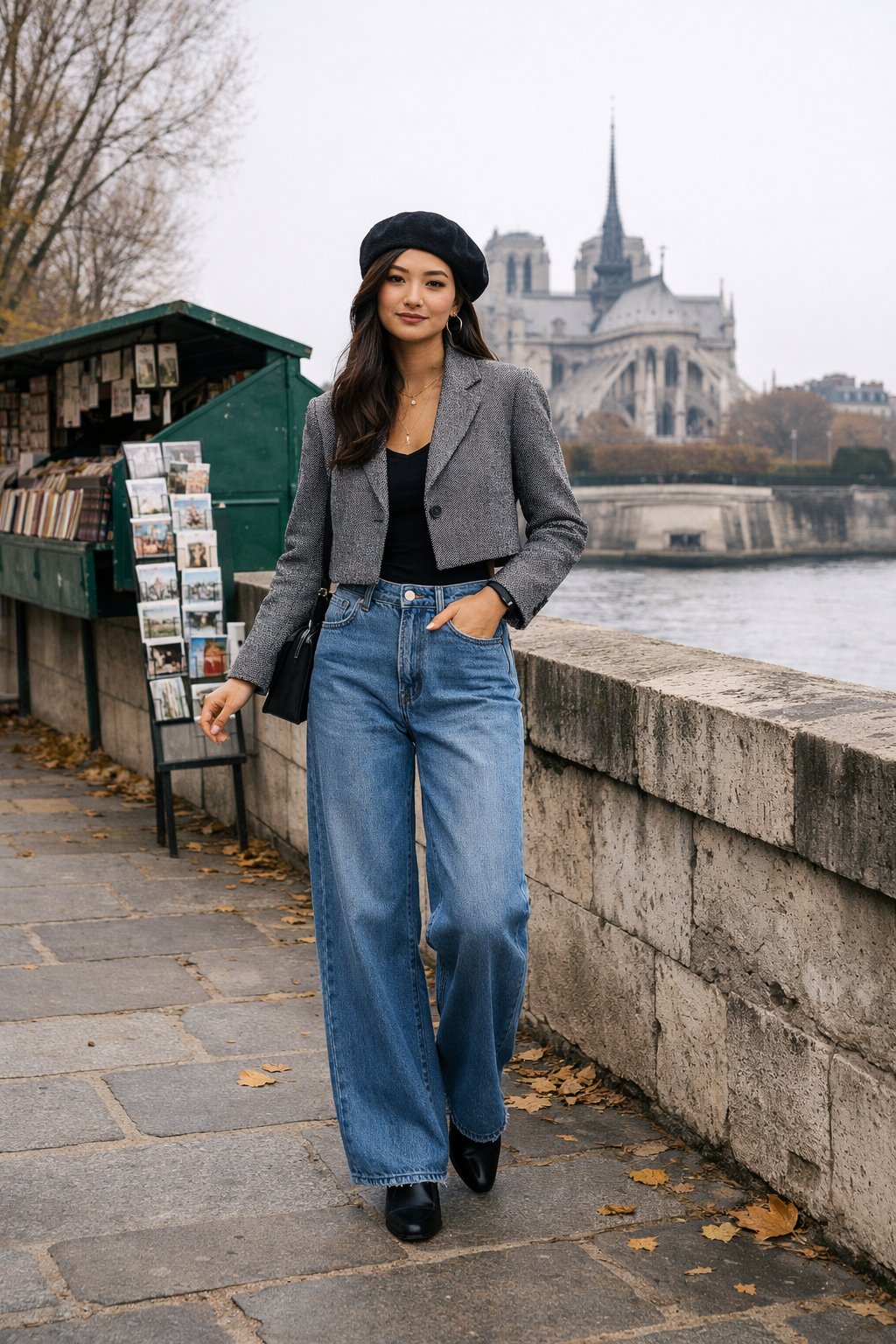 Paris winter outfits: gray tweed cropped blazer with wide-leg jeans, chic Paris street style